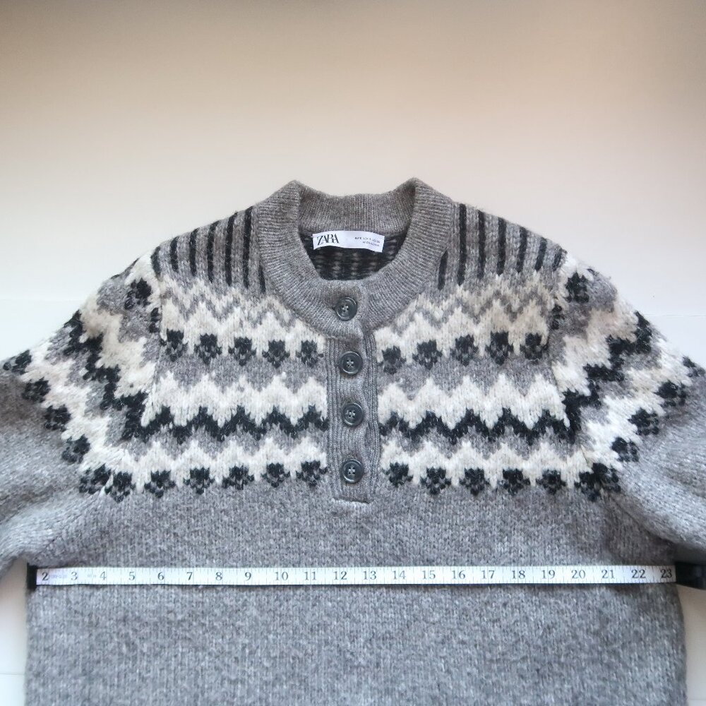 Zara Gray Fair Isle Henley Alpaca Knit Blend Long Sleeve Sweater Women’s Size S - Picture 10 of 16